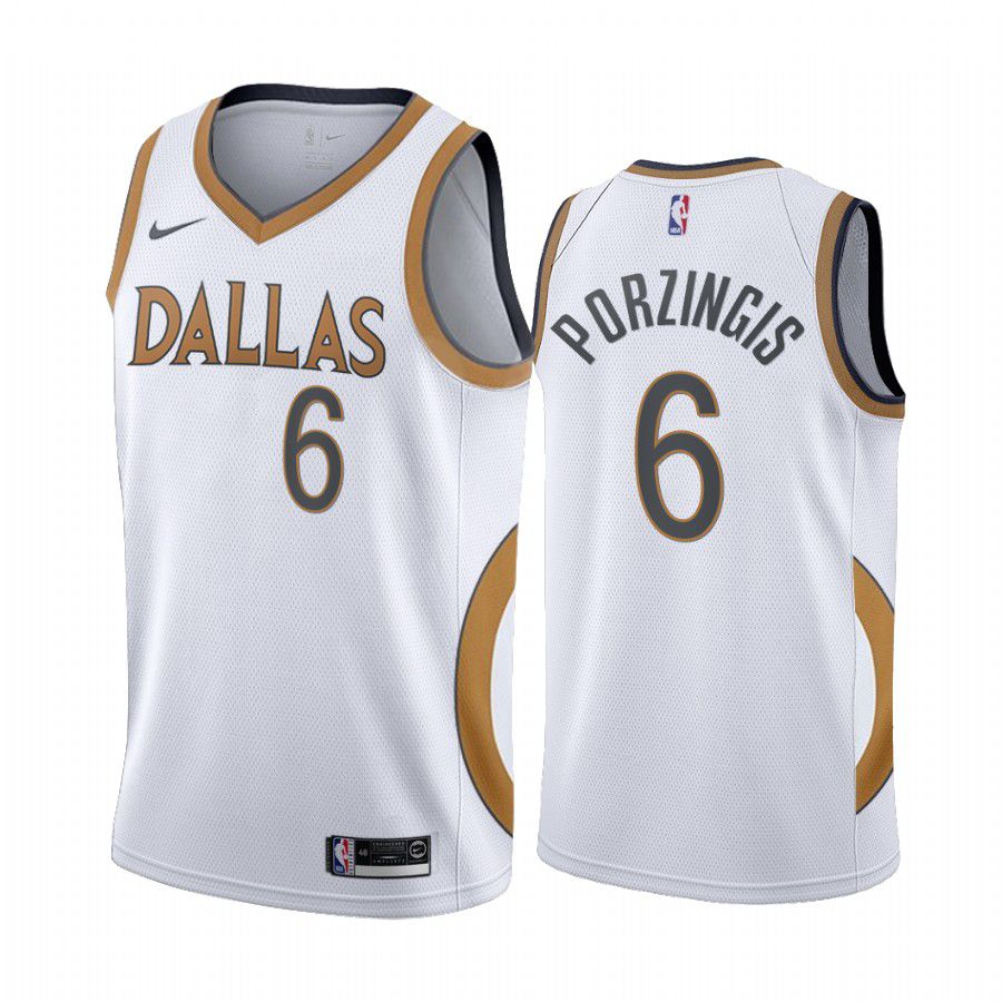Men Dallas Mavericks #6 kristaps porzingis white city edition gold silver logo 2020 nba jersey